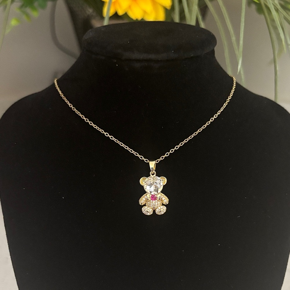 Stainless Steel Gold Teddy Bear Pendant Necklace with Pink Accent